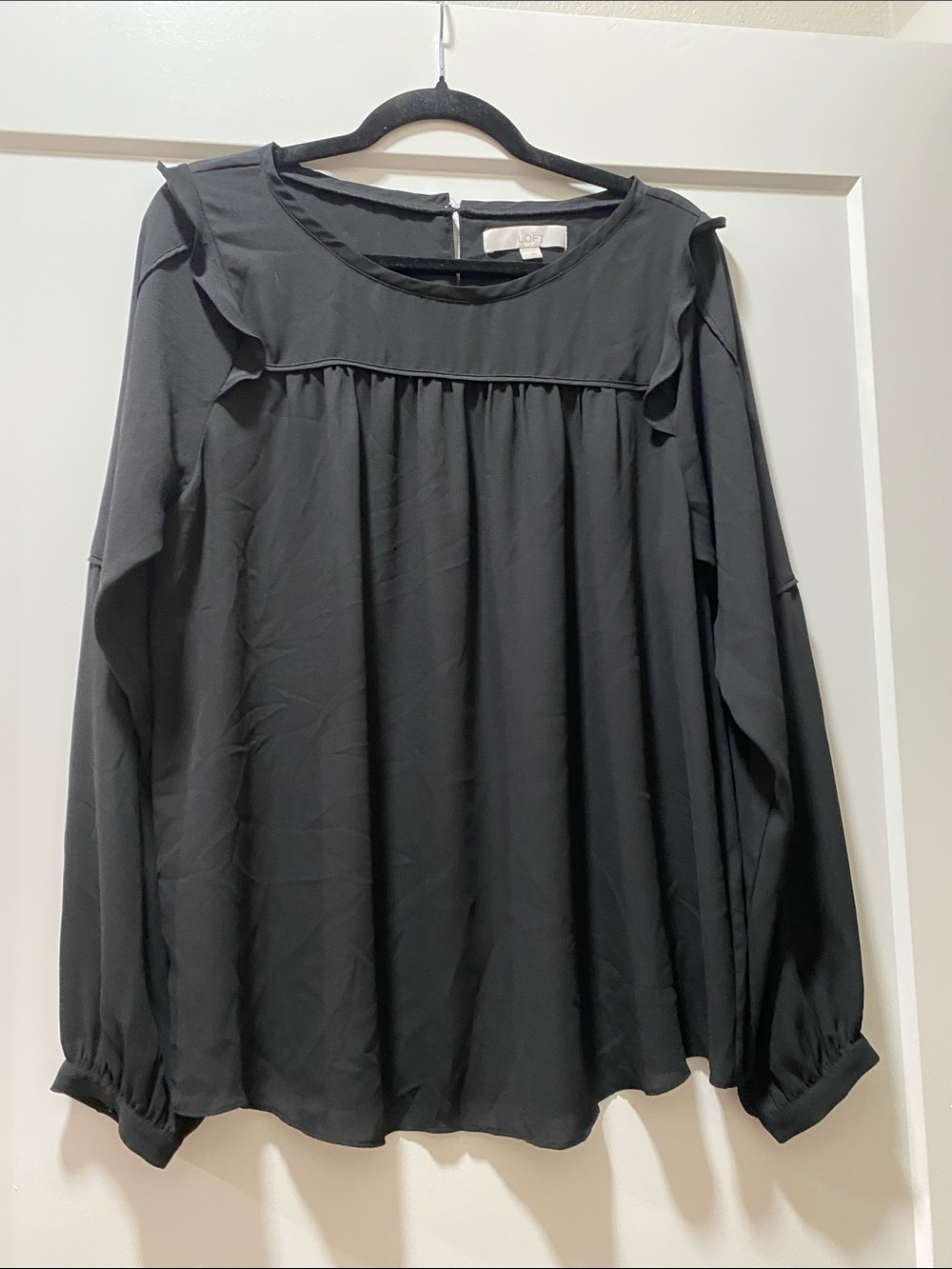 Black Ruffled Yoke Long Sleeve Blouse